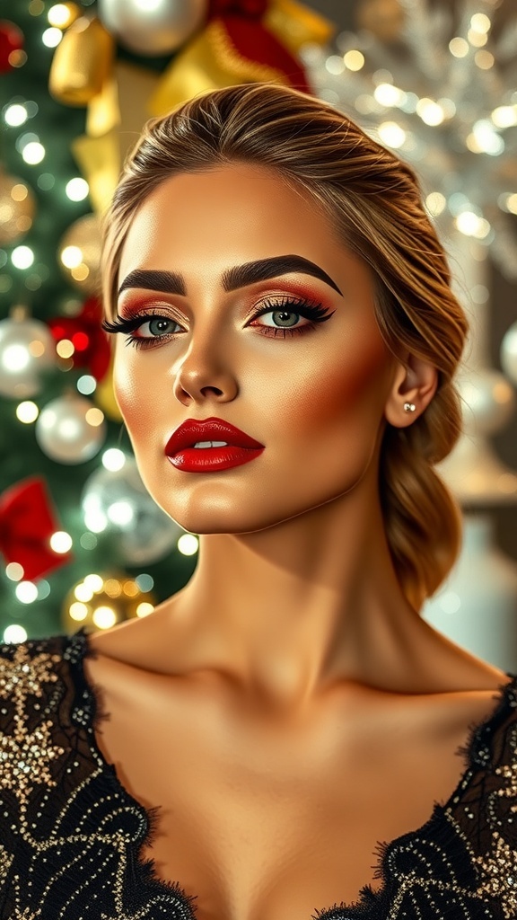 Glamorous Christmas makeup with red lips and gold eyeshadow on a festive background.